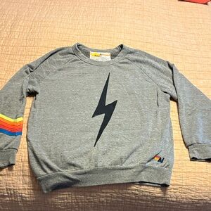 Aviator Nation Gray Sweatshirt with Black Lightning and Rainbow Stripes